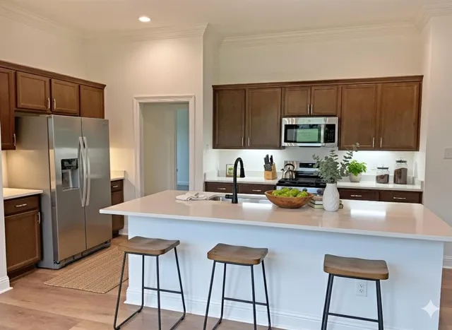 a kitchen with stainless steel appliances a sink a stove a microwave a refrigerator and cabinets