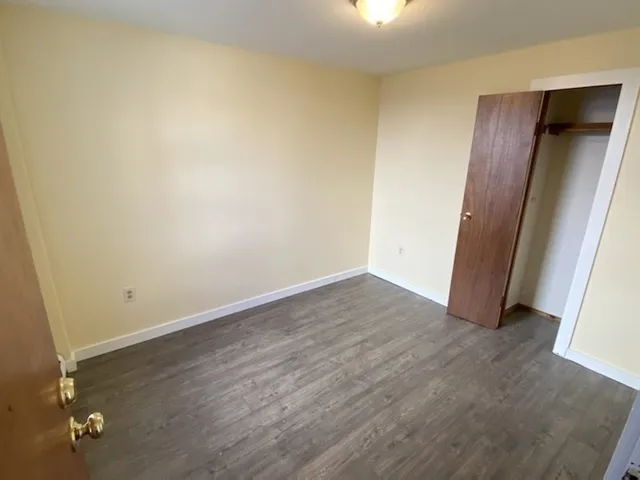 an empty room with wooden floor and closet