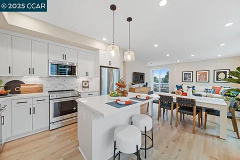 a view of a dining room and livingroom with furniture wooden floor a rug a chandelier