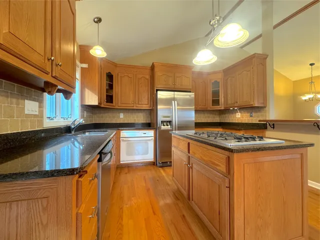 a kitchen with stainless steel appliances granite countertop a stove a sink dishwasher and a refrigerator