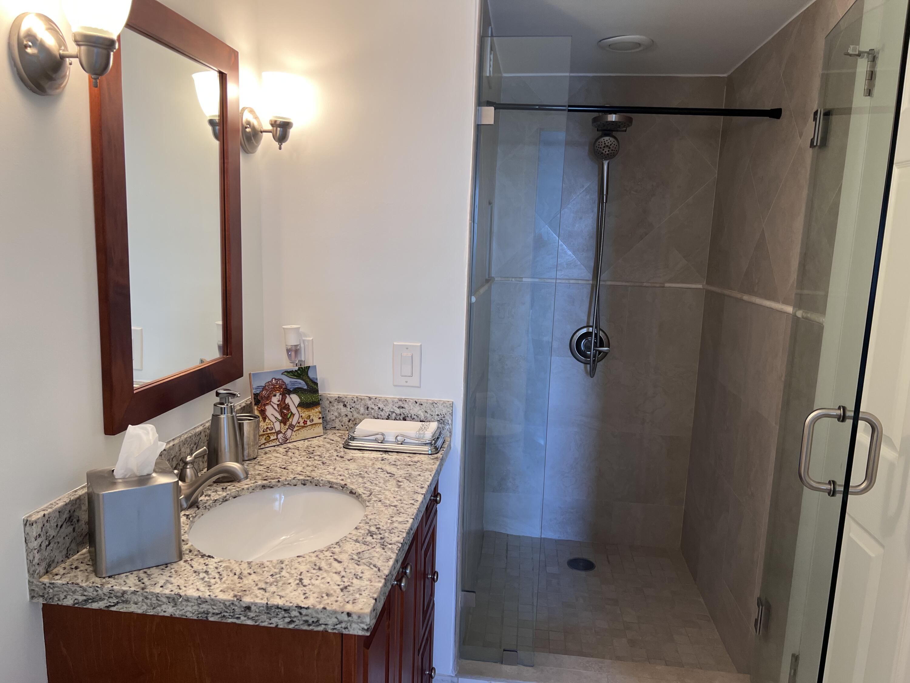 1629 Riverview Road, Unit 716 Deerfield Beach, FL 33441 - Photo 26 of 44 a bathroom with a granite countertop shower sink and mirror
