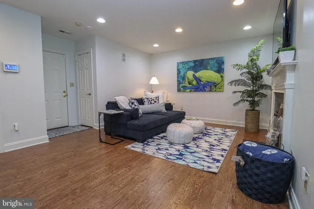 a living room with furniture hard wood floor and a potted plant