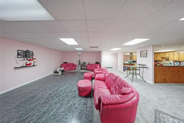 a view of a garage with a table and chairs
