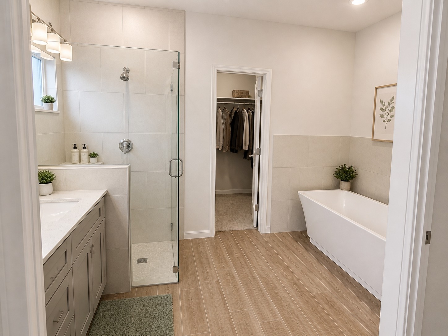 324 Windstar Road Liberty Hill, TX 78642 - Photo 6 of 6 Contemporary bathroom featuring a freestanding soaking tub, a frameless glass shower enclosure, and wood-finish flooring
