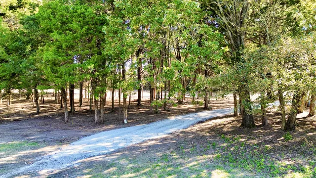 a backyard of a house with trees and outdoor seating