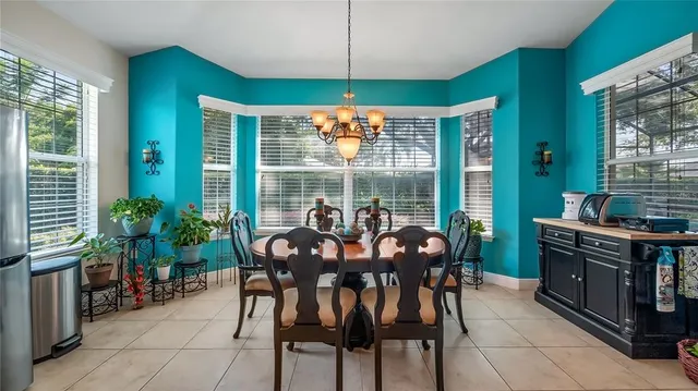 a view of a dining room with furniture window and outside view