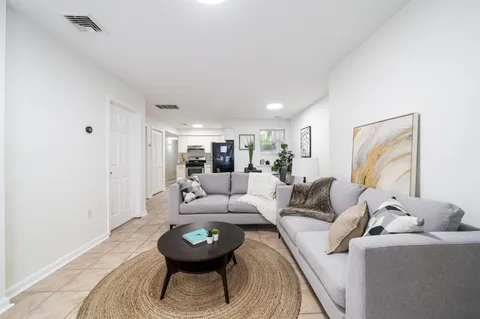 a living room with furniture and a potted plant