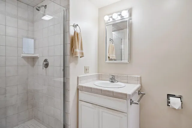 a bathroom with a sink vanity and shower