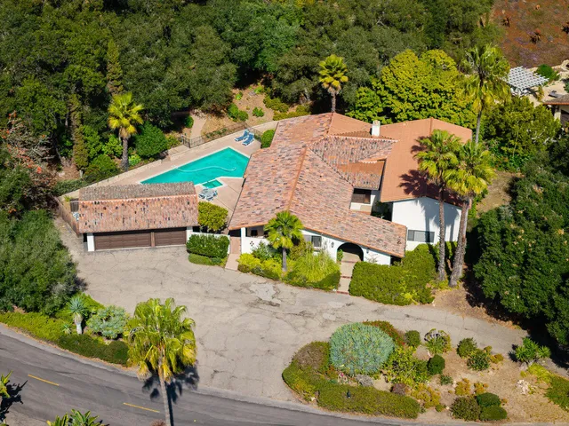 an aerial view of a house with a yard and potted plants
