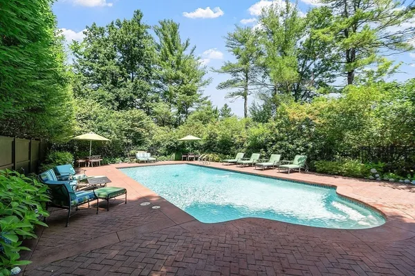 a view of a swimming pool with a yard