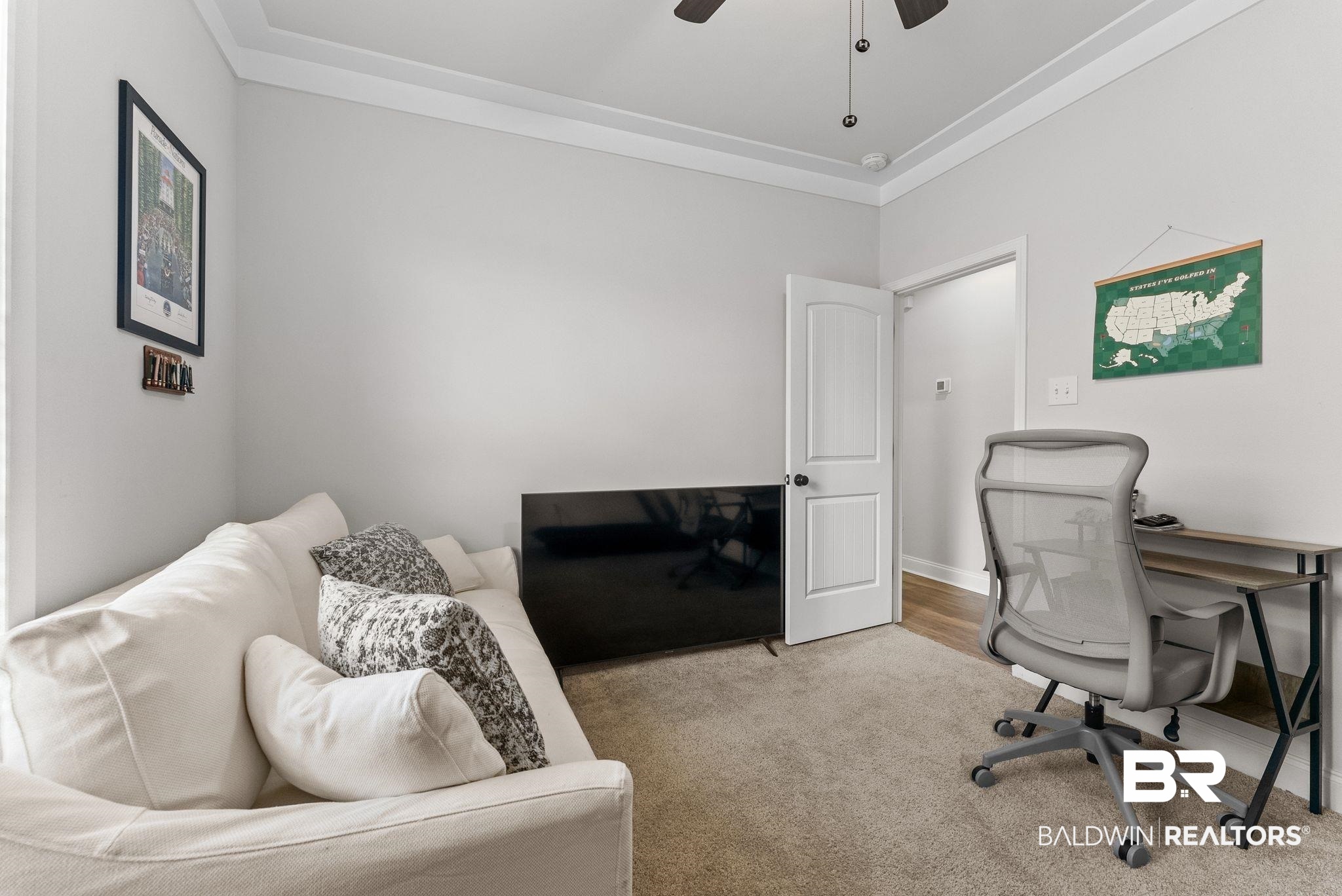 10745 Brodick Loop Daphne, AL 36527 - Photo 13 of 39 Office featuring a ceiling fan, light carpet, and crown molding