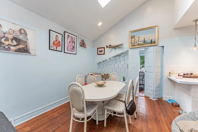 a view of a dining room with furniture