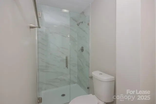 a bathroom with a shower and a toilet