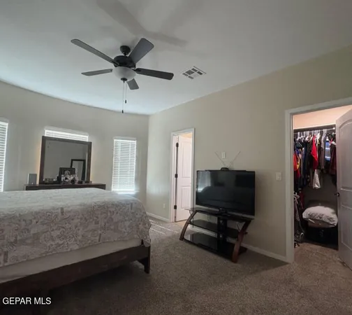 a bedroom with bed tv and window