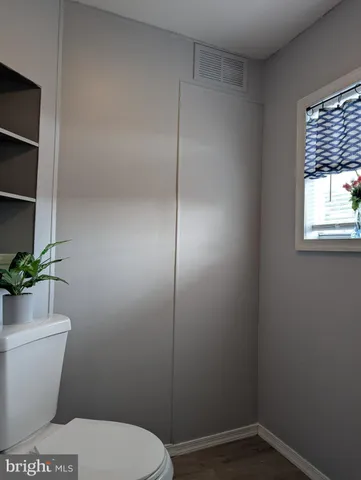 a bathroom with a toilet and a potted plant