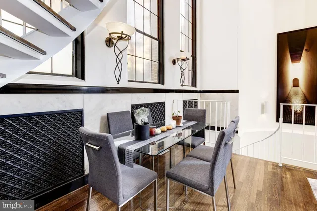 a view of a dining room with furniture