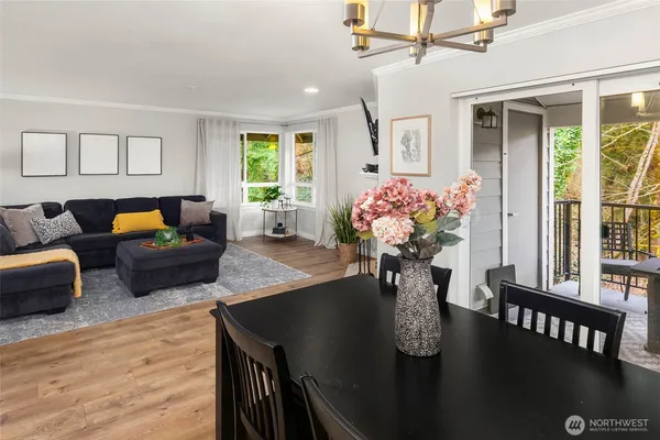 a view of a dining room with furniture window and wooden floor