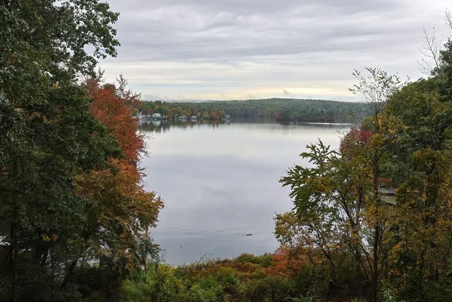 a view of lake with green space