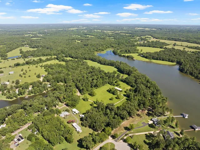 a view of a lake with a flower garden