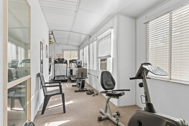 2990 East Riverside Drive, Unit 166 St. George, UT 84790 - Photo 20 of 22 Workout area featuring plenty of natural light, ceiling fan, carpet flooring, lofted ceiling, and cooling unit