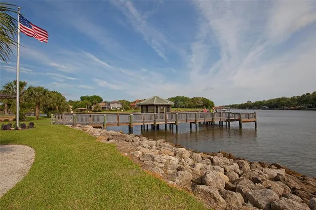 a view of a lake with a big yard and large trees