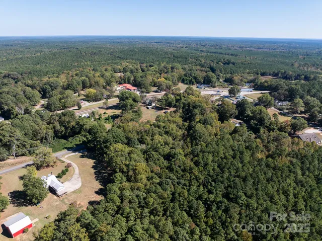 an aerial view of residential houses with outdoor space and trees