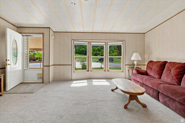 2405 Canyon Road Smithfield, UT 84335 - Photo 10 of 57 Spacious interior featuring light grey carpeting, textured wall panels with wood trim, and a decorative front entry door with an oval glass insert