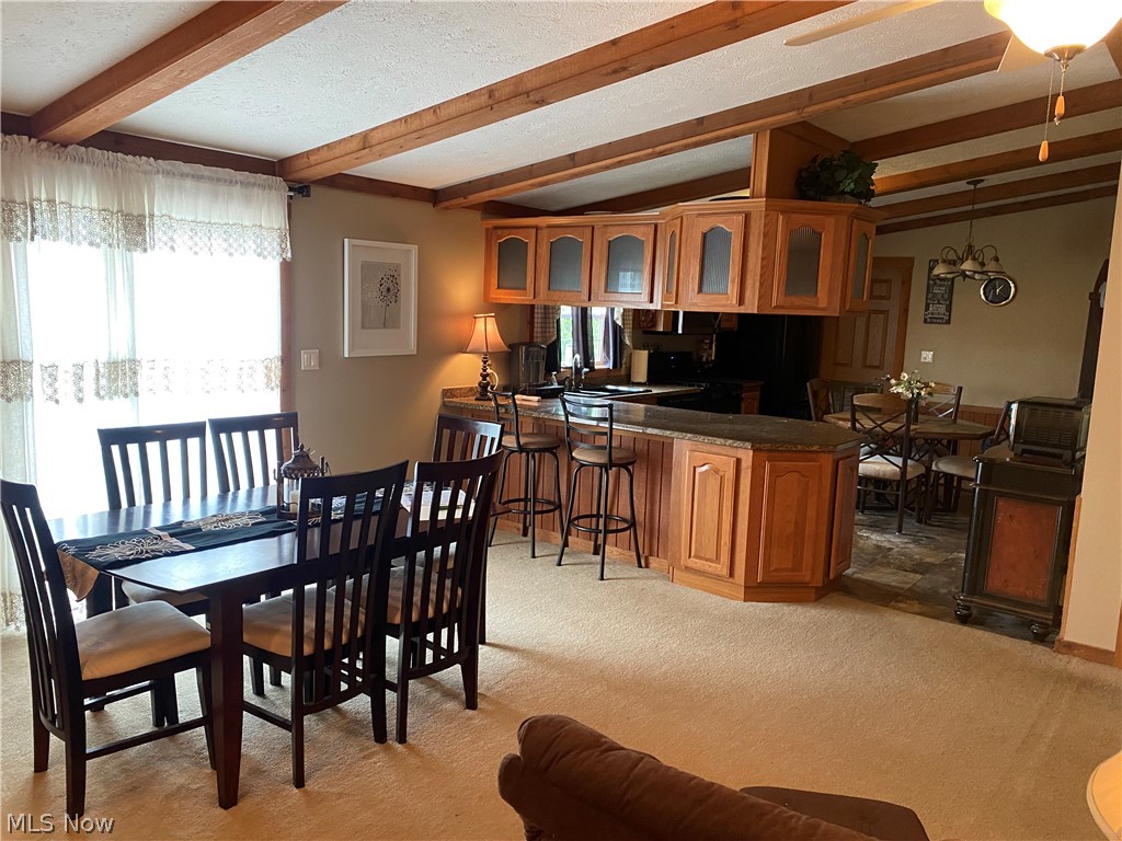 14980 Sprucevale Road East Liverpool, OH 43920 - Photo 9 of 19 Carpeted dining space featuring a textured ceiling, a wealth of natural light, vaulted ceiling with beams.