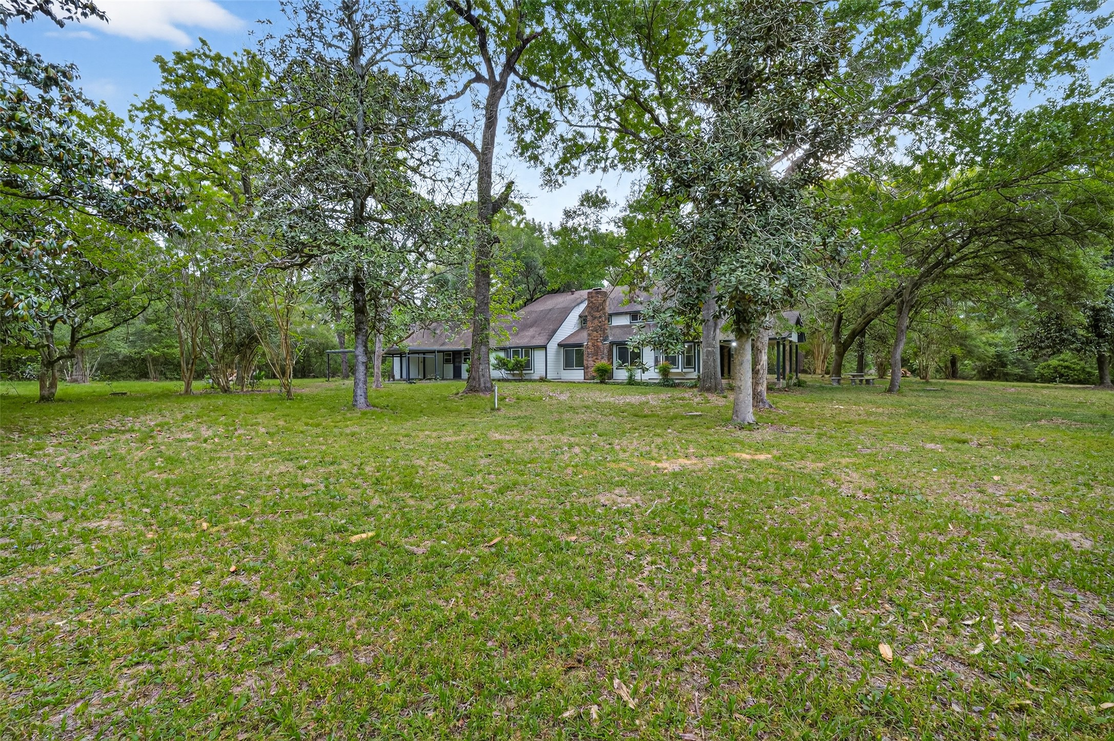 23607 Cardinal Drive Hockley, TX 77447 - Photo 45 of 50 Viewed from a distance, the home is nearly swallowed by the greenery of its 2.23-acre parcel, emphasizing the sheer scale of the land.