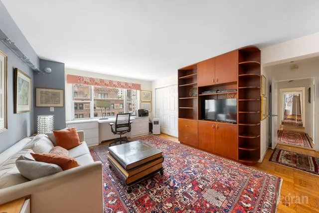 a living room with furniture ceiling fan and a rug