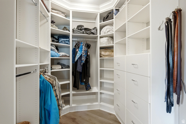 3148 Lower Saddleback Road Park City, UT 84098 - Photo 39 of 67 Custom-designed walk-in closet featuring extensive white shelving, multiple hanging rods, built-in drawers with polished hardware, and wood-finish flooring