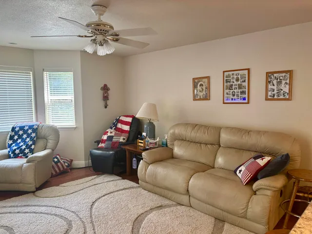 a living room with furniture and a rug