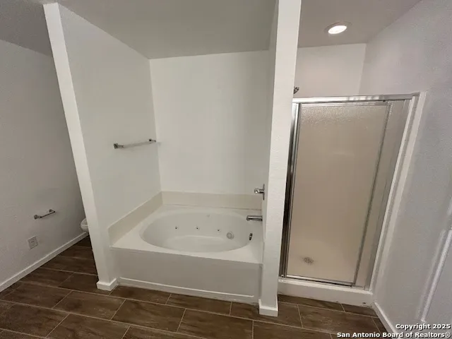 a bathroom with a bathtub and a shower