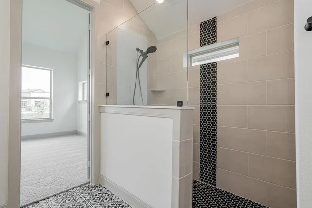 a bathroom with a sink a mirror and a shower