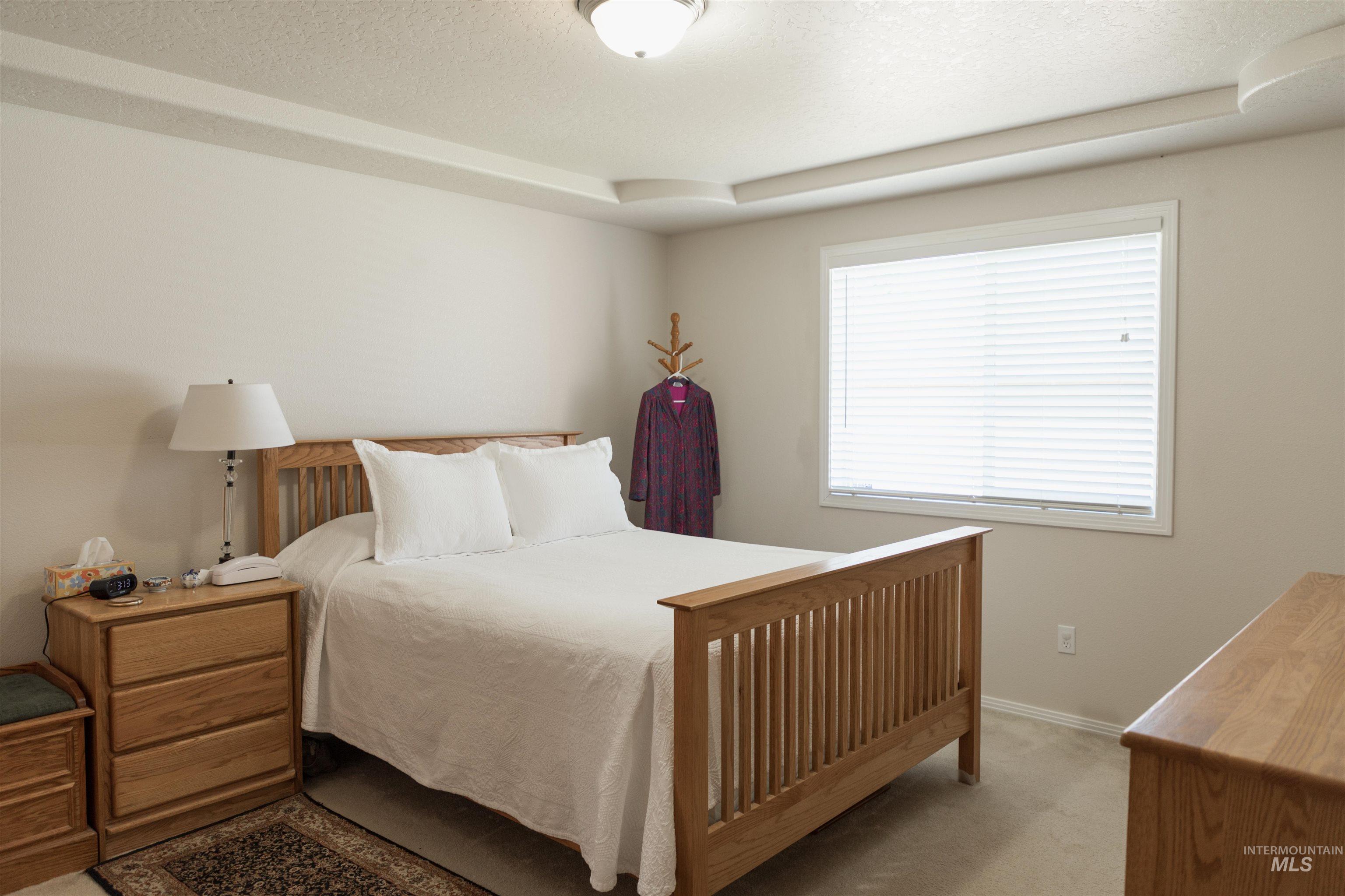 1003 Partridge Street Fruitland, ID 83619 - Photo 23 of 48 Bedroom featuring light colored carpet, a tray ceiling, and a textured ceiling