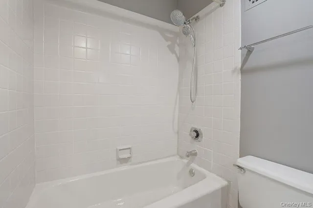 a bathroom with a bathtub and a toilet