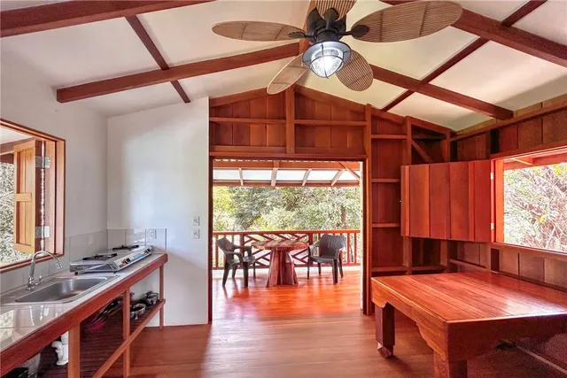 a balcony with wooden floor