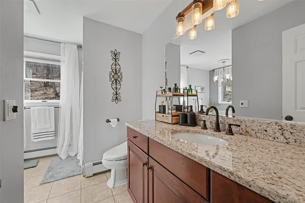 a bathroom with a granite countertop sink a toilet and a large mirror