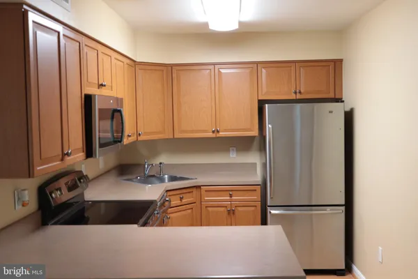 a kitchen with a refrigerator and a sink