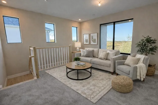 a living room with furniture a rug and a window