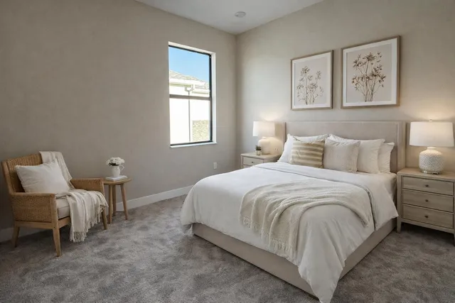 a bedroom with bed and furniture