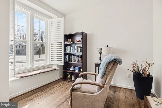 a view of a workspace with furniture and a potted plant
