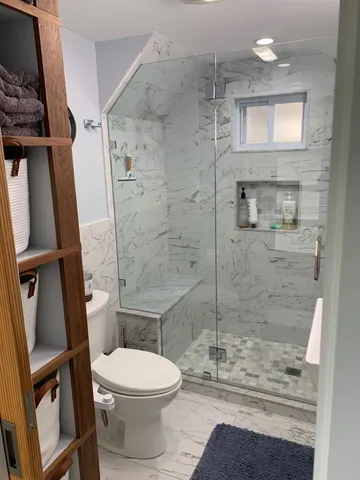 a bathroom with a toilet and a shower