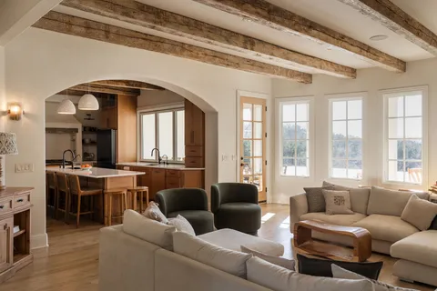a living room with furniture a large window and potted plants
