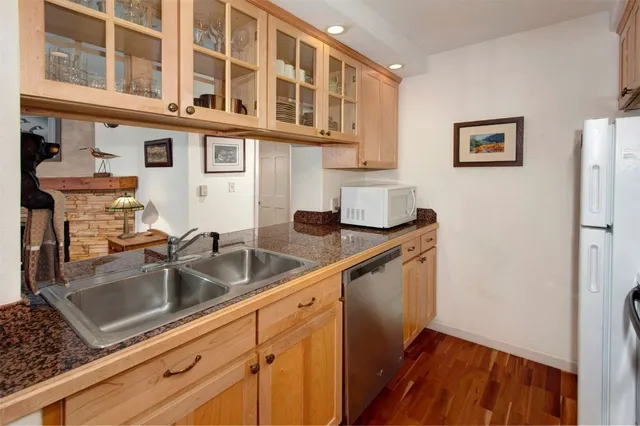 a kitchen with stainless steel appliances granite countertop a sink and a refrigerator