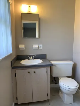 a bathroom with a sink a toilet and mirror