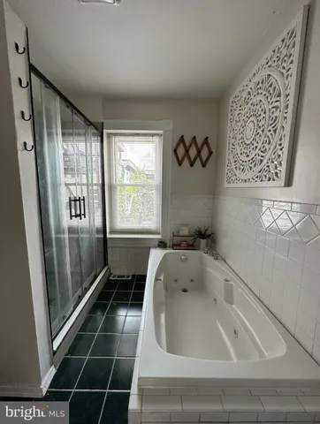 a bathroom with a bathtub and a shower