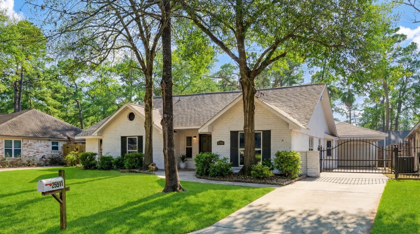a front view of a house with a yard and green space
