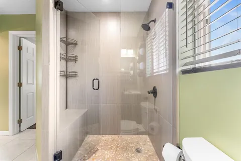 a bathroom with a shower and toilet