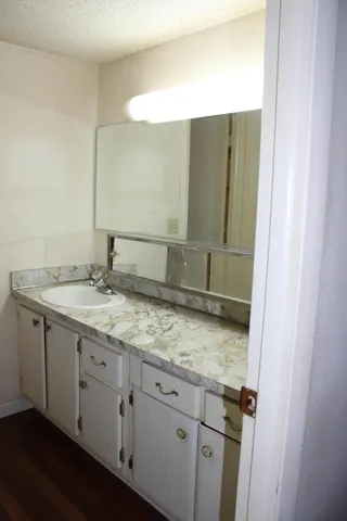 a bathroom with a granite countertop sink and a mirror